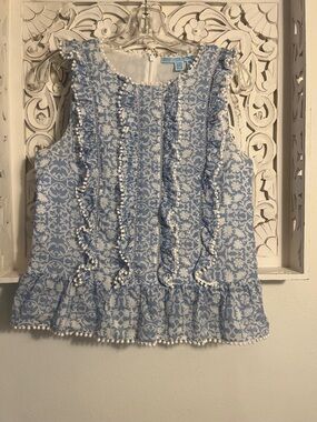 Draper James Light Blue and White Pom-Pom Ruffle Sleeveless Top